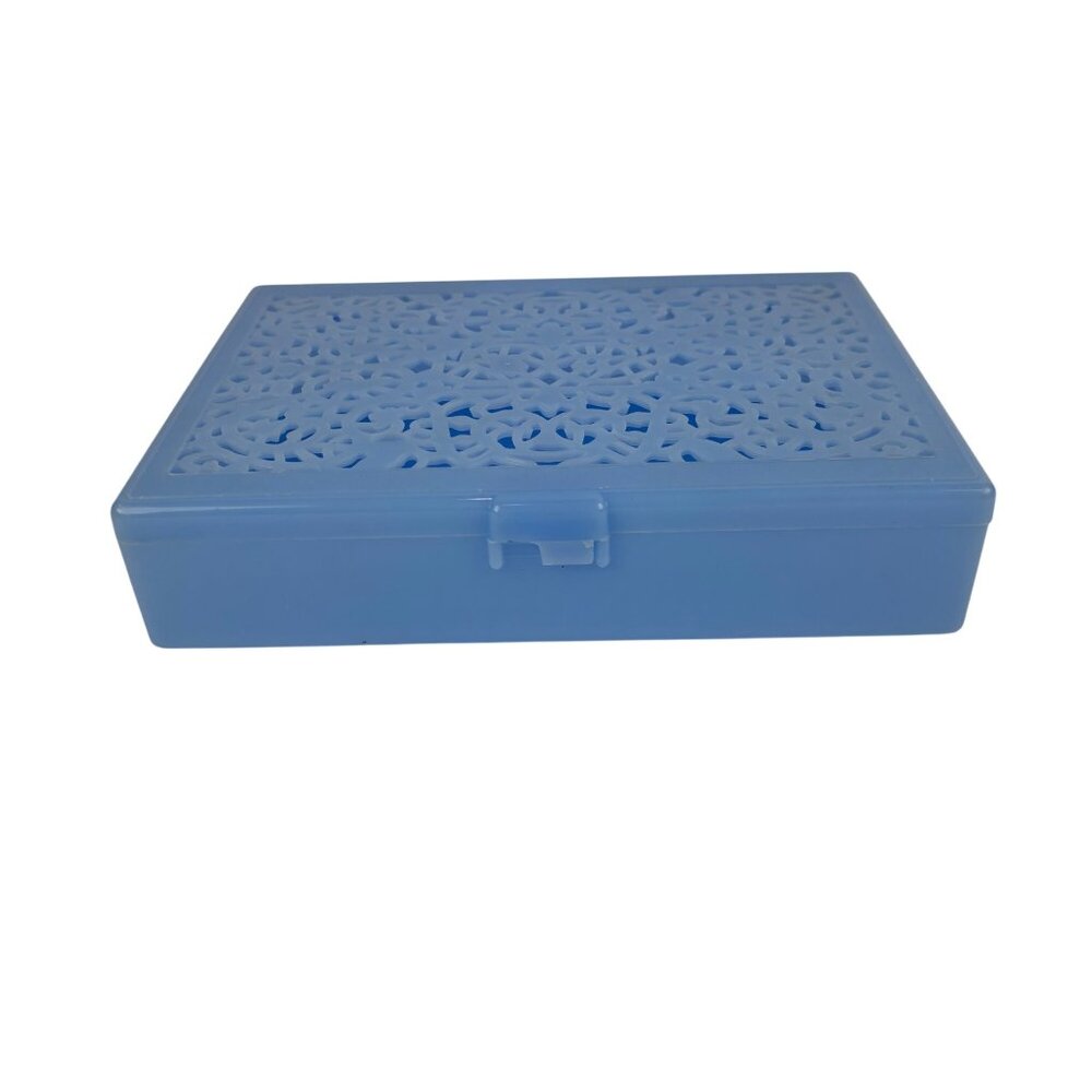 Vintage 60s Plastic Storage Box Baby Blue Cutwork Top Vanity Jewelry Trinkets - Picture 2 of 10
